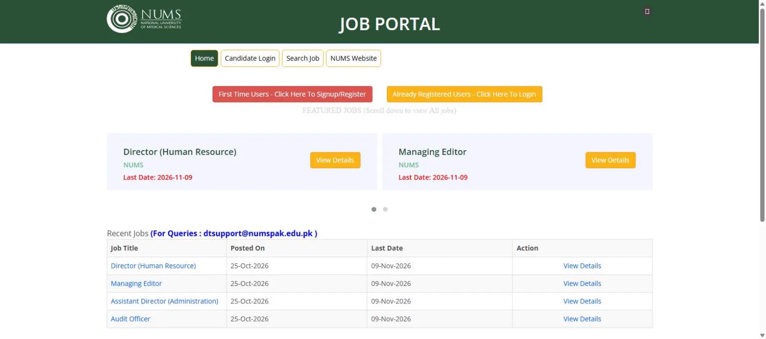 NUMS job portal showing four open jobs with last date 09 November 2026