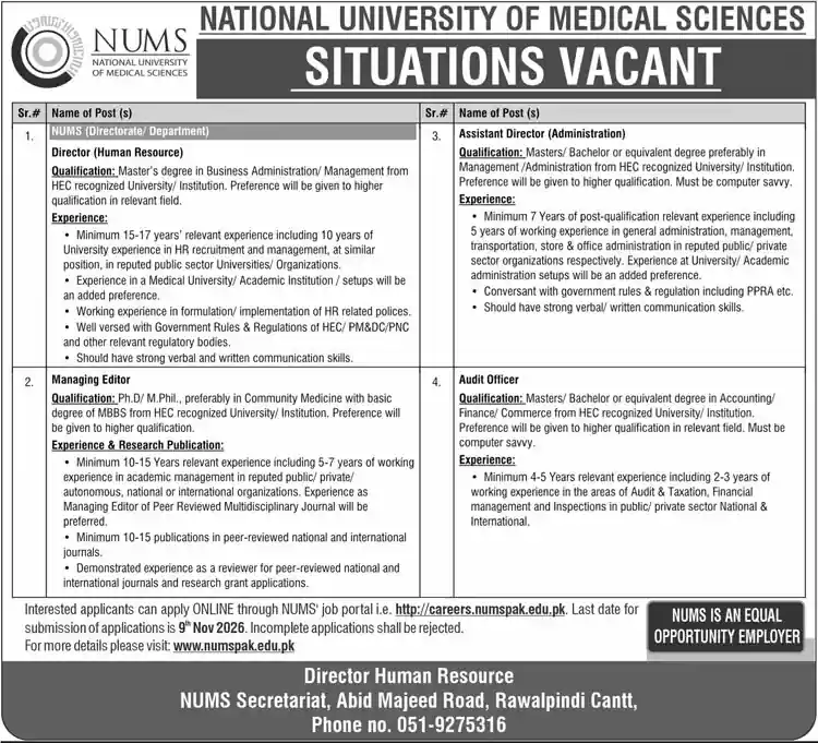 NUMS situations vacant advertisement Director HR Managing Editor Assistant Director Audit Officer October 2026