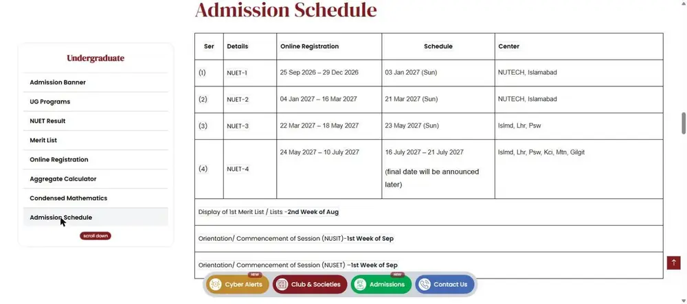 NUTECH admission schedule NUET-1 NUET-2 NUET-3 NUET-4 dates and centres