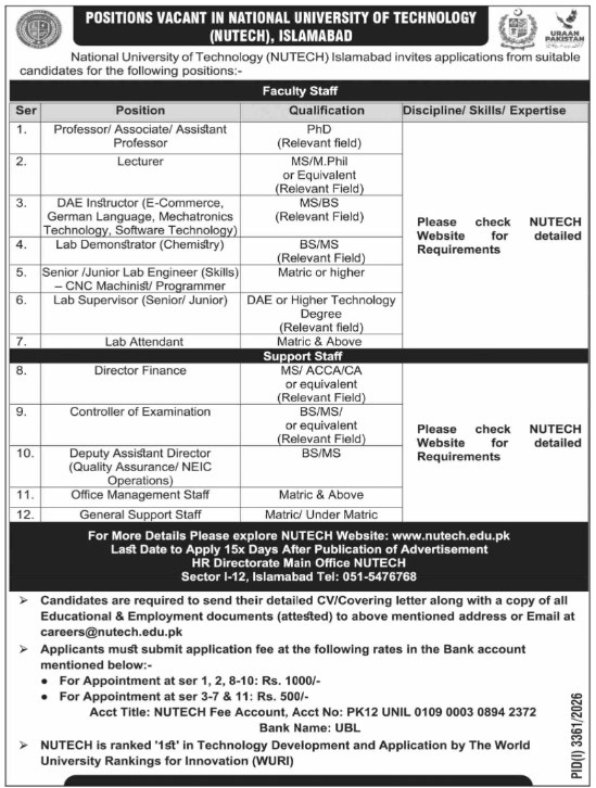 NUTECH Islamabad Jobs October 2026 advertisement – faculty and support staff