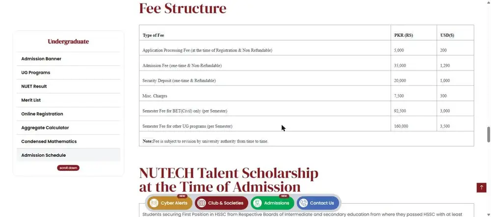 NUTECH undergraduate fee structure application fee admission fee semester fee