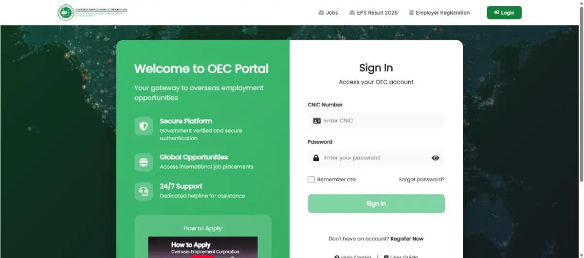 OEC job portal jobs.oec.gov.pk sign in page with CNIC number and password