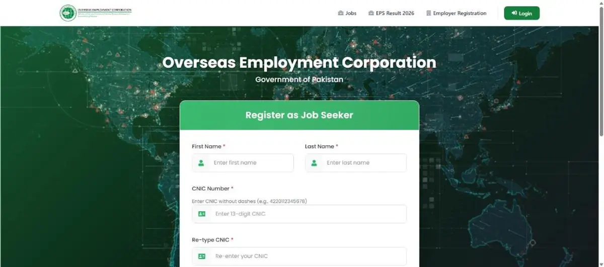 Register as Job Seeker form on jobs.oec.gov.pk asking first name, last name, CNIC, password, mobile number and email