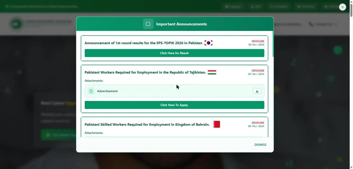 Important Announcements pop-up on oec.gov.pk showing Pakistani Workers Required for Employment in the Republic of Tajikistan with deadline 05-Nov-2026