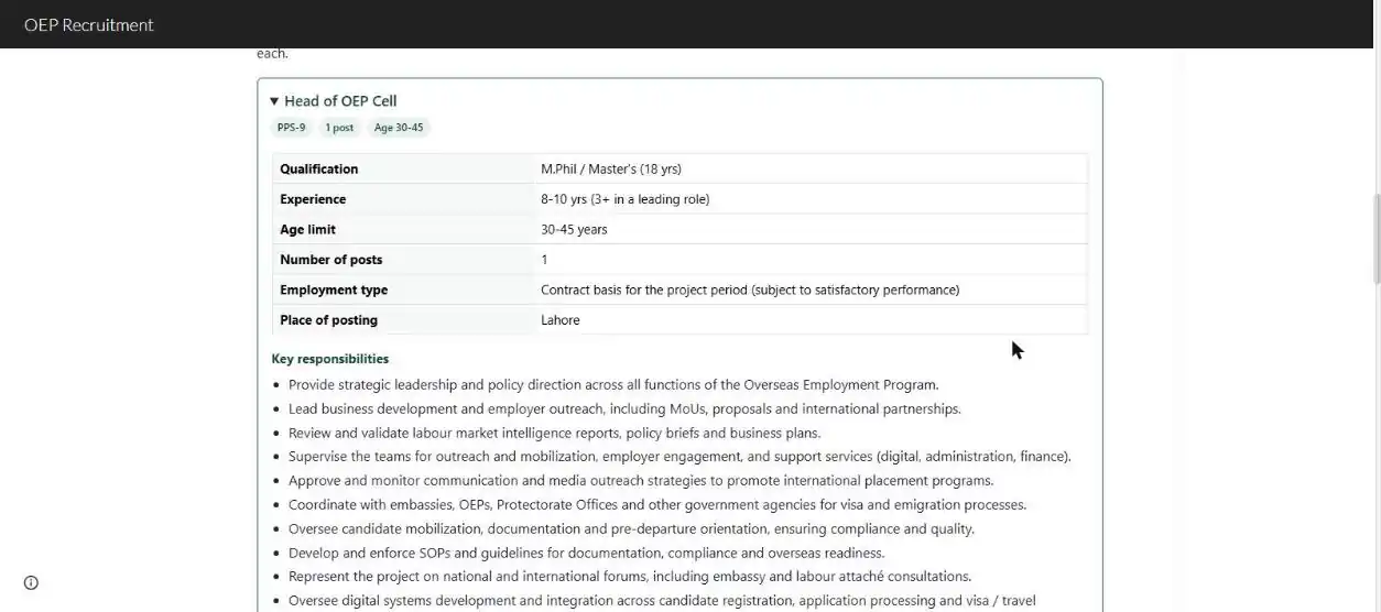 Head of OEP Cell post details responsibilities contract Lahore official recruitment page 25 October 2026