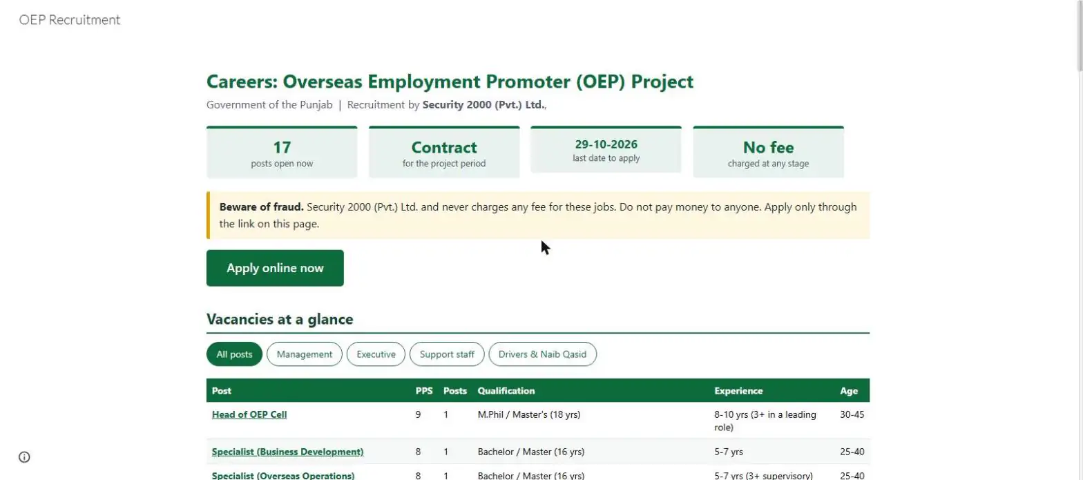 OEP Project careers page no fee beware of fraud Apply online now button 25 October 2026