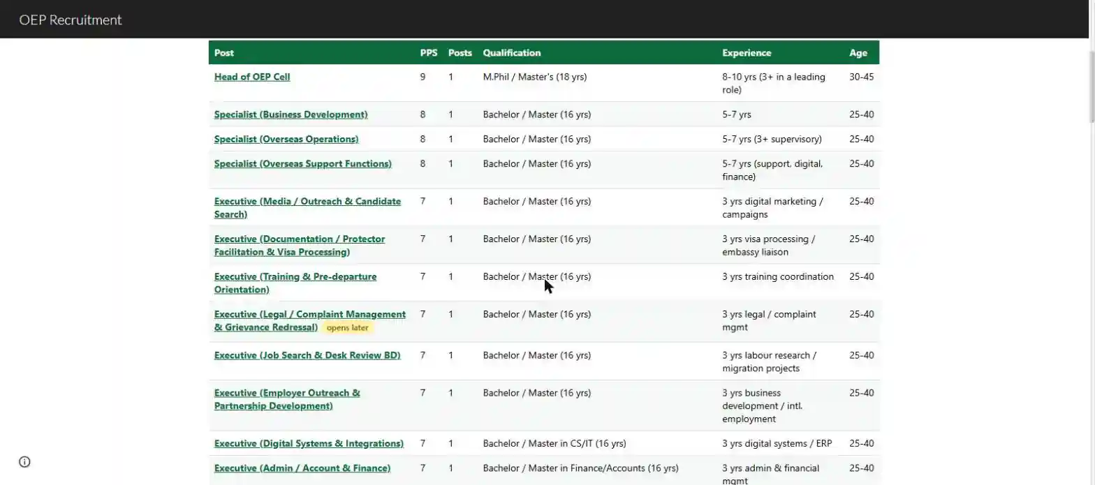 OEP Project Lahore vacancies table PPS posts qualification experience age official recruitment page 25 October 2026
