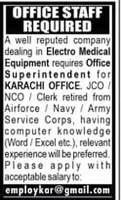 Office Superintendent job Karachi electro medical equipment company, retired JCO NCO clerk, Jang 18 October 2026