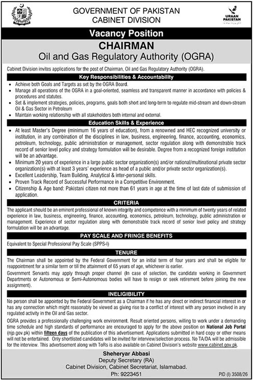OGRA Chairman job 2026 Cabinet Division advertisement