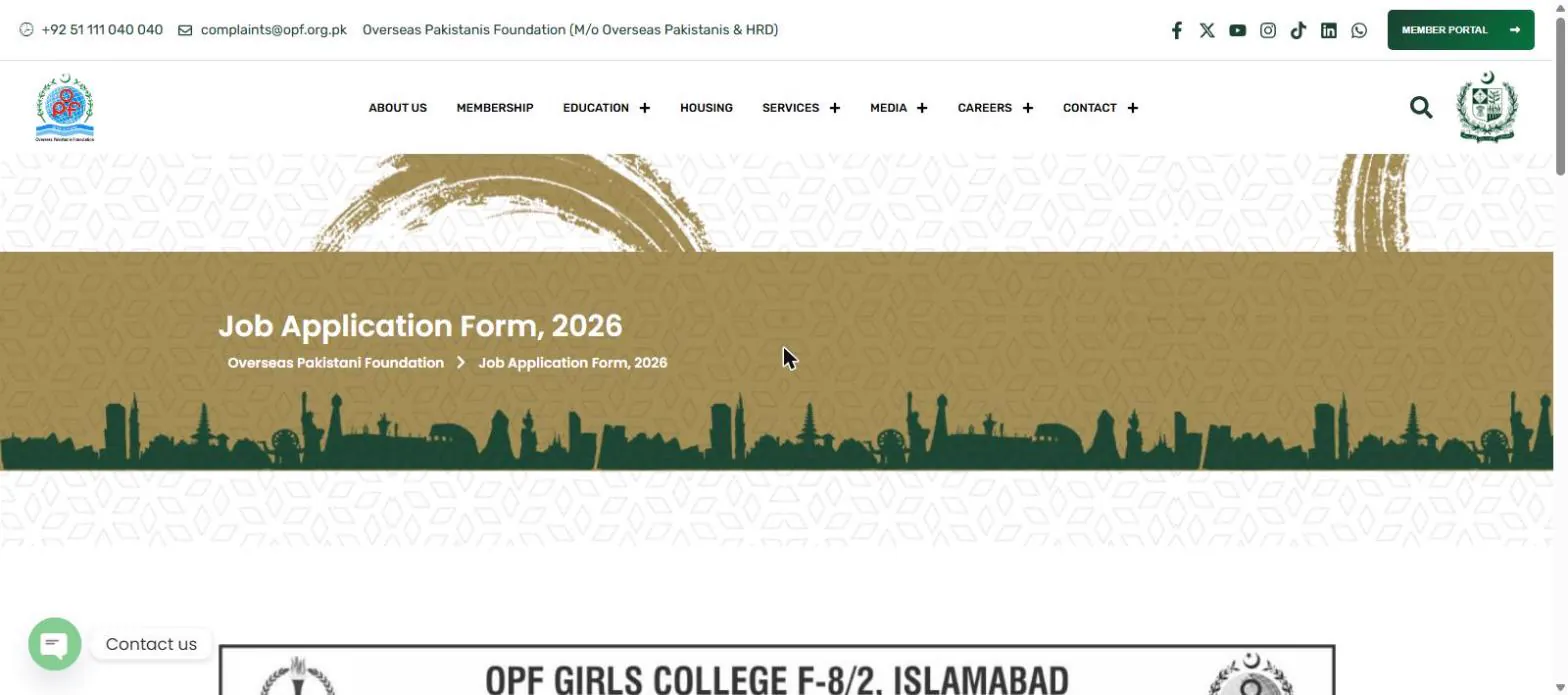 OPF Job Application Form 2026 page on opf.org.pk 24 October 2026