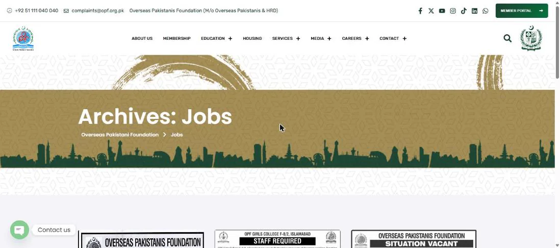 Overseas Pakistanis Foundation official jobs page opf.org.pk 24 October 2026