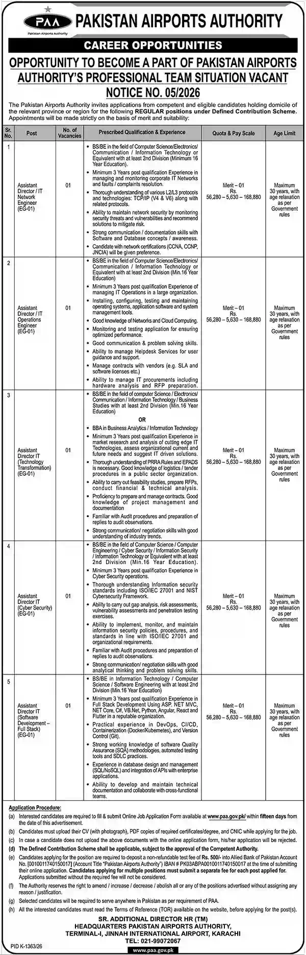 Pakistan Airports Authority PAA Notice 05/2026 IT Assistant Director jobs advertisement October 2026