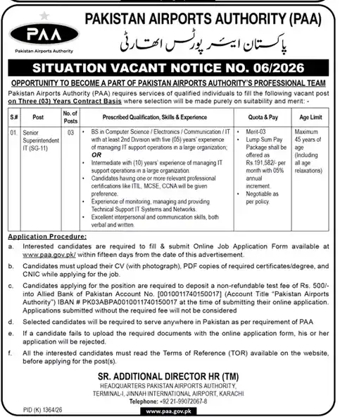 Pakistan Airports Authority PAA Notice 06/2026 Senior Superintendent IT SG-11 jobs advertisement October 2026