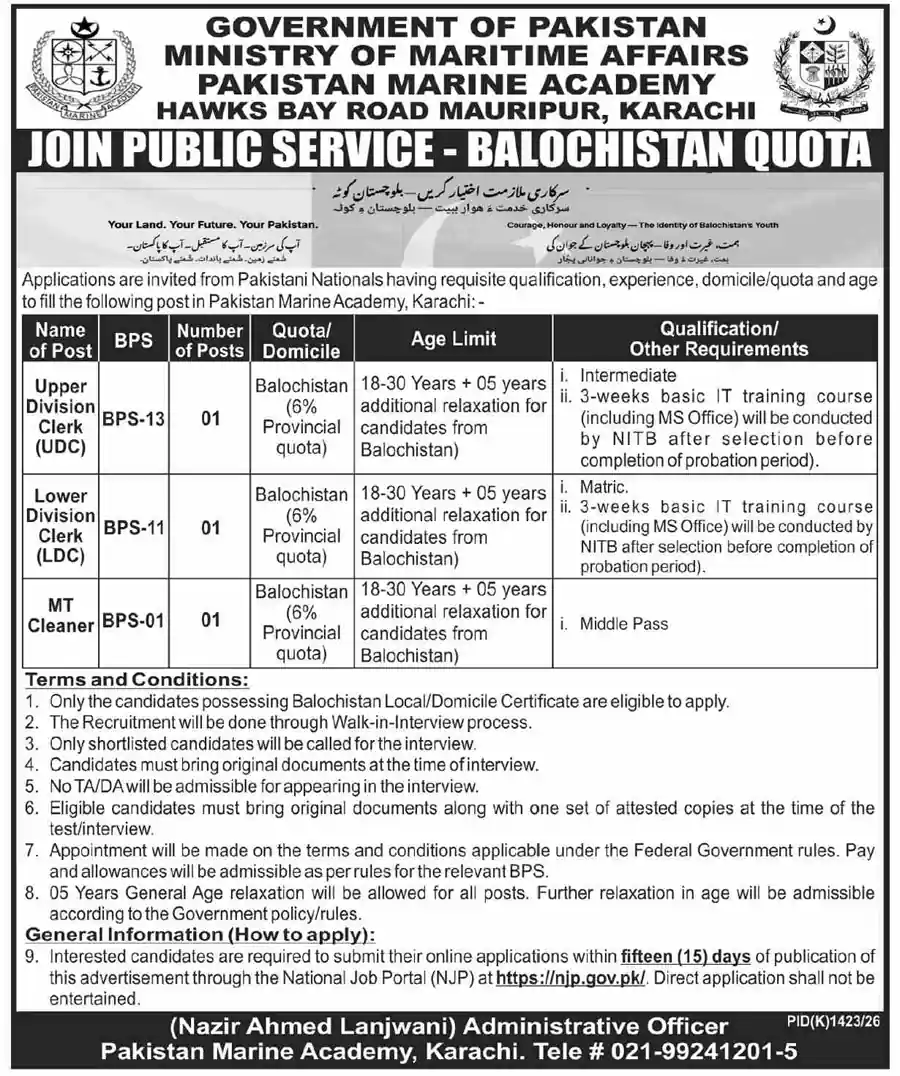Pakistan Marine Academy Karachi Balochistan quota jobs advertisement 30 October 2026