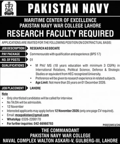 Pakistan Navy War College Lahore Maritime Center of Excellence Research Associate BPS-17 job ad The News 28 October 2026