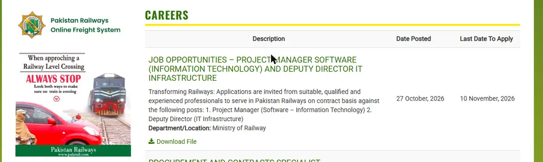Pakistan Railways careers page showing Project Manager Software and Deputy Director IT Infrastructure job opportunities posted 27 October 2026 last date 10 November 2026