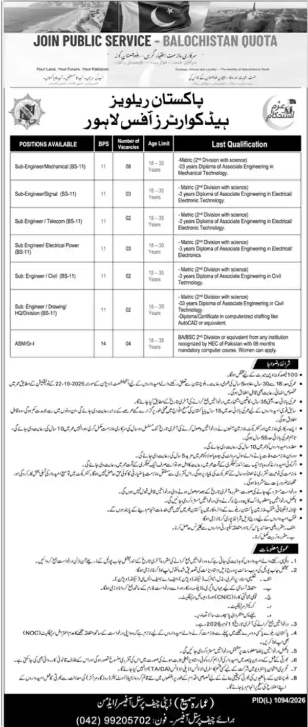 Pakistan Railways Headquarters Office Lahore Balochistan quota jobs Sub Engineer ASM advertisement Daily Dunya 28 October 2026
