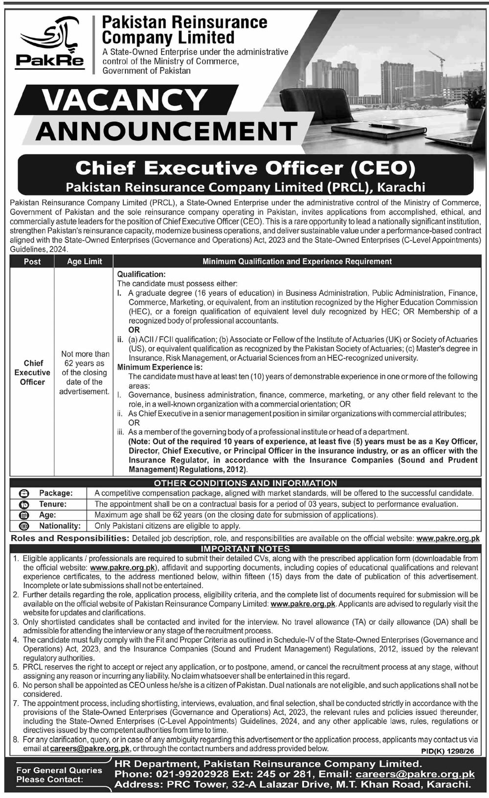 Pakistan Reinsurance Company Limited (PRCL) Vacancy Announcement Chief Executive Officer (CEO) Karachi advertisement, Dawn 18 October 2026