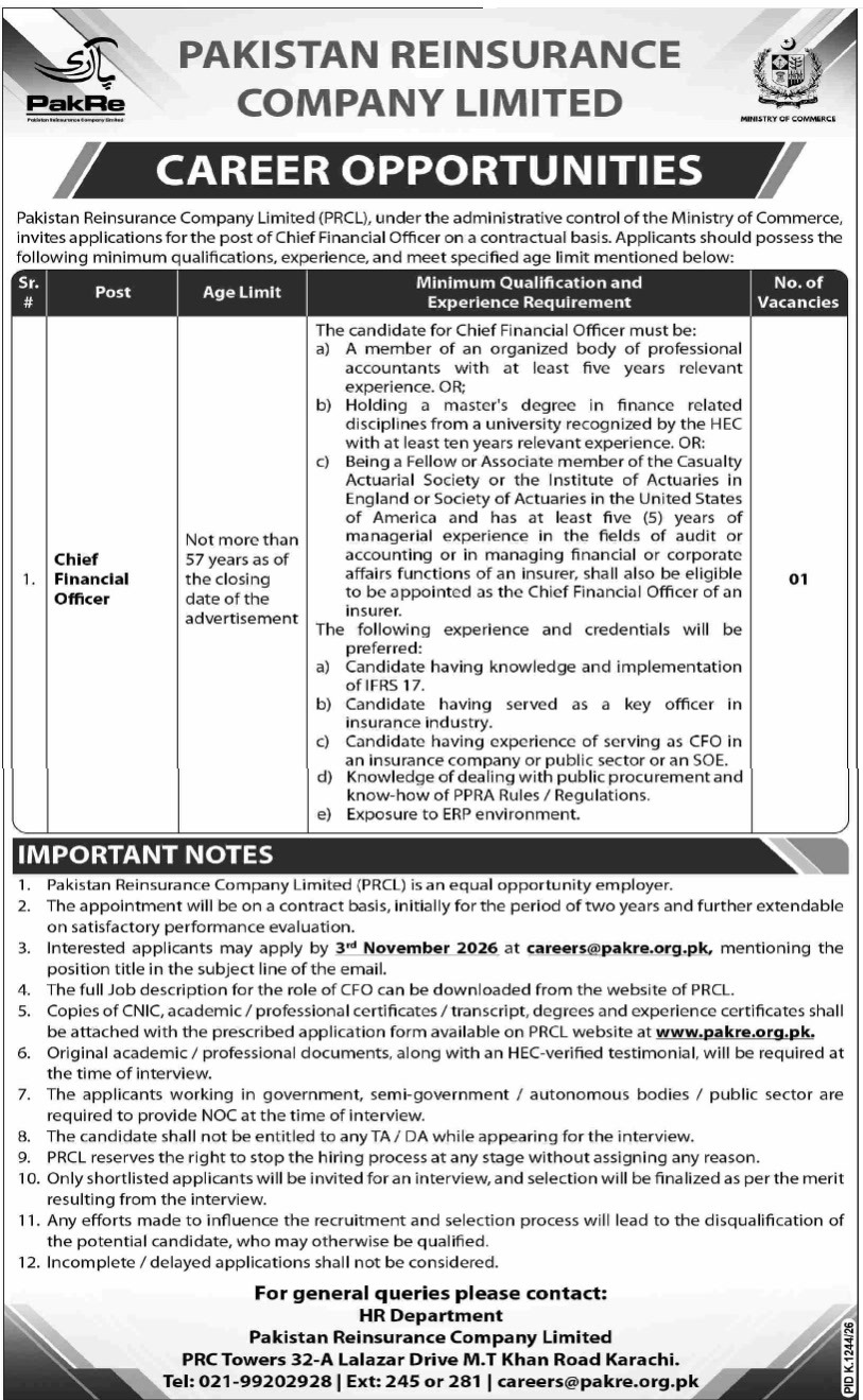 Pakistan Reinsurance Company Limited (PRCL) Career Opportunities Chief Financial Officer job advertisement, Dawn 18 October 2026