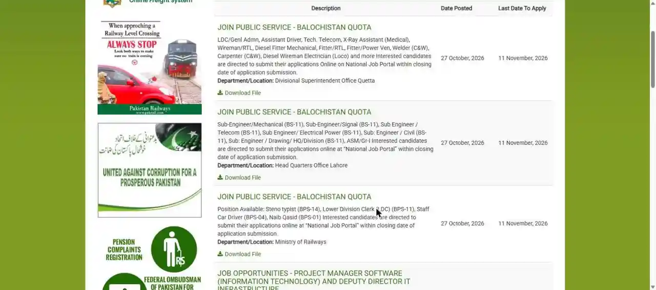 Pakistan Railways official careers page Join Public Service Balochistan Quota Head Quarters Office Lahore Sub Engineer ASM 11 November 2026