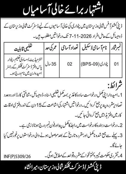 Deputy Commissioner North Waziristan Miranshah Patwari BPS-09 job advertisement Express Peshawar 24 October 2026
