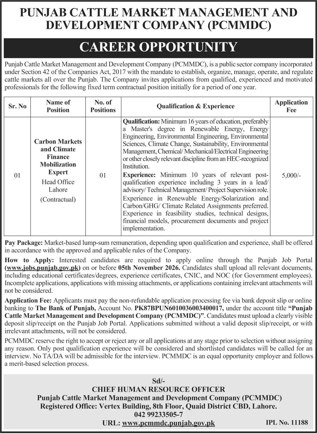 PCMMDC Career Opportunity advertisement for Carbon Markets and Climate Finance Mobilization Expert, Business Recorder 22 October 2026