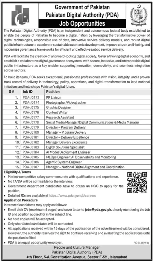 Pakistan Digital Authority PDA job advertisement Jang Pindi 29 October 2026 15 posts PDA-J0173 to PDA-J0187 jobs@pda.gov.pk