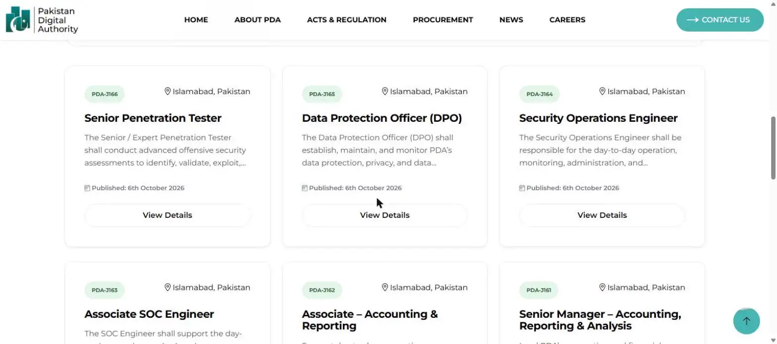 PDA careers page showing vacancy cards with Job IDs