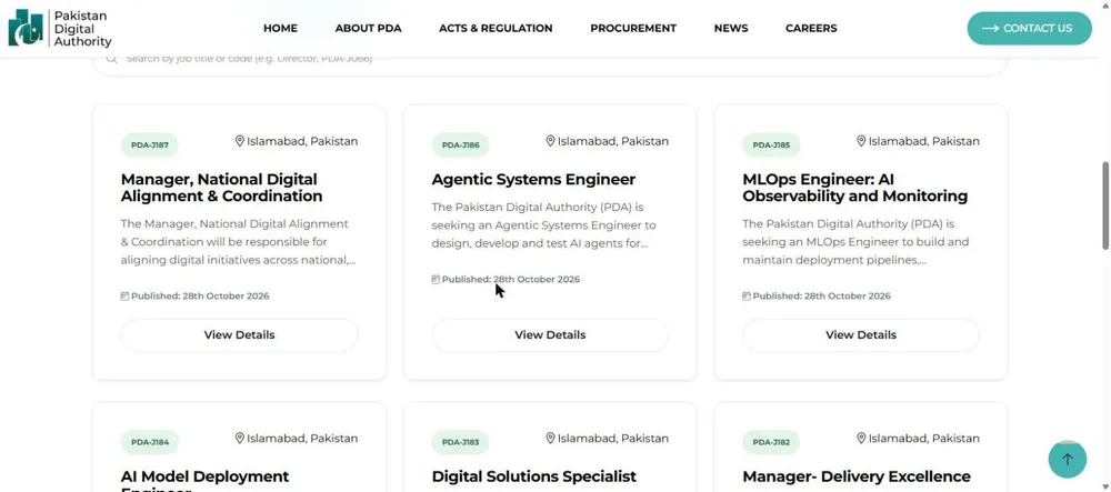 Pakistan Digital Authority careers page open jobs PDA-J187 Manager National Digital Alignment PDA-J186 Agentic Systems Engineer PDA-J185 MLOps Engineer