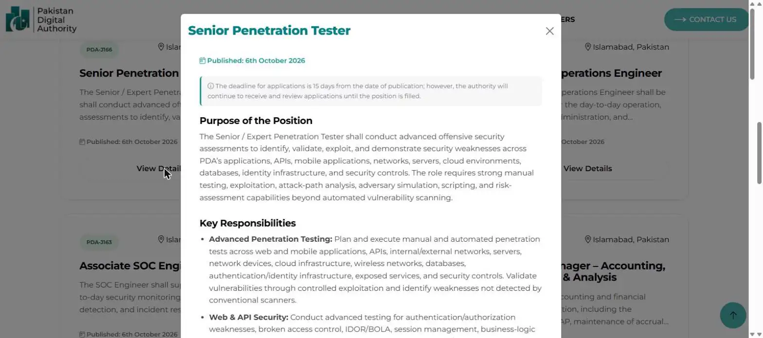 PDA job description popup with purpose of the position and key responsibilities