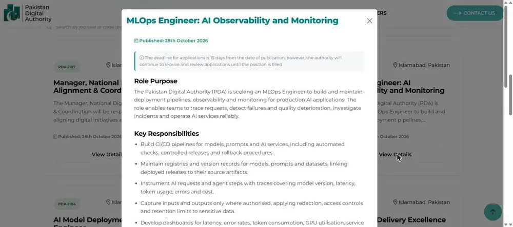 PDA job details popup MLOps Engineer AI Observability and Monitoring PDA-J185 role purpose key responsibilities