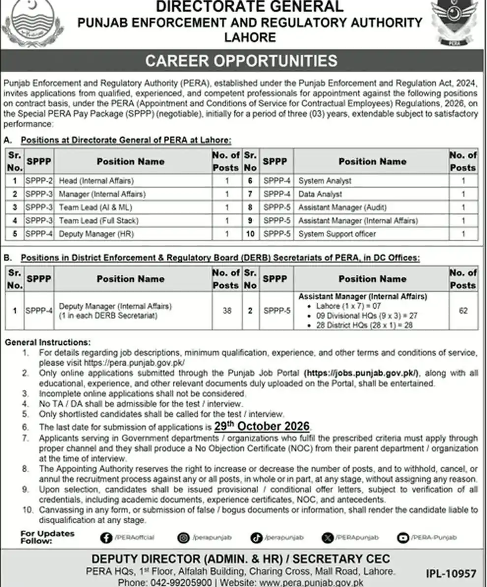 Official job advertisement: PERA Jobs 2026, Daily Jang Rawalpindi 18 October 2026