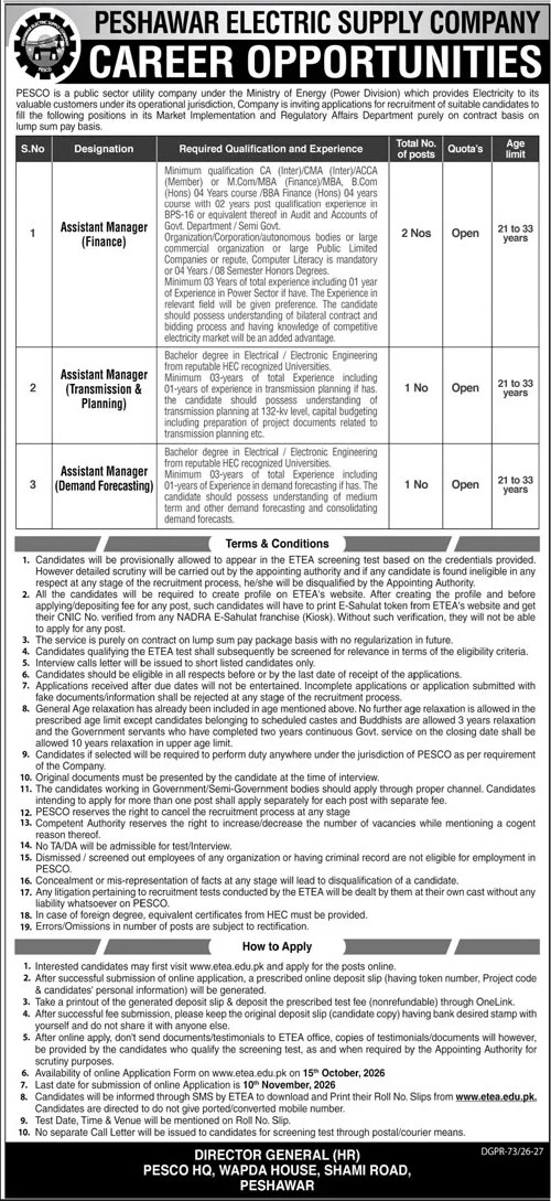 PESCO jobs 2026 Assistant Manager ETEA advertisement