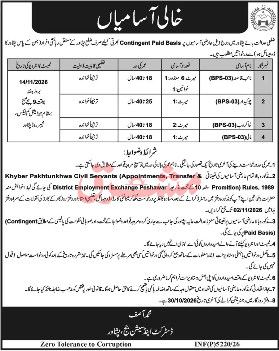 Peshawar District and Sessions Judge khali asamiyan advertisement (Naib Qasid, Chowkidar, Khakrob, Mali), Daily Mashriq 18 October 2026