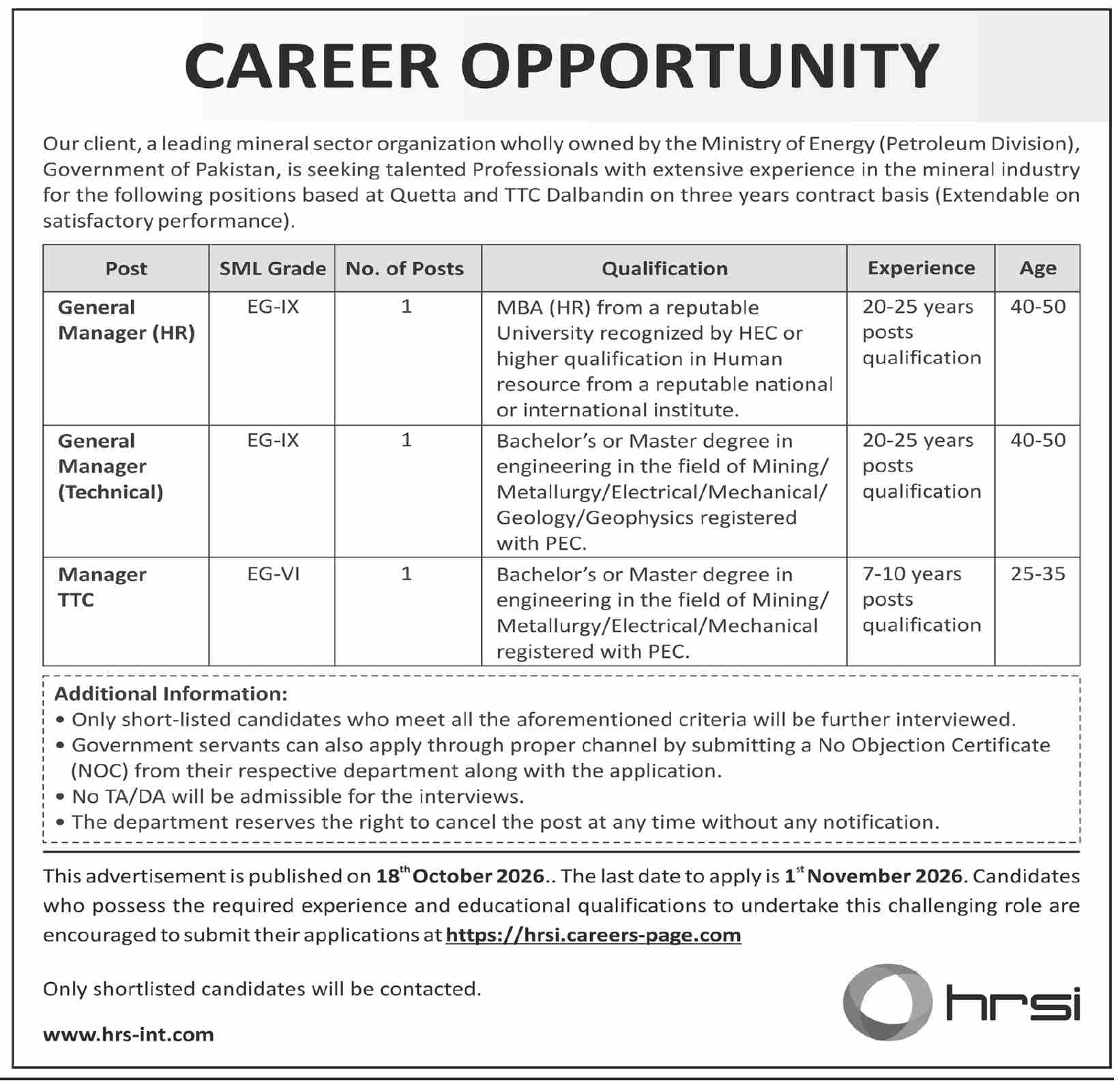 HRSI Career Opportunity ad: mineral sector organization of Ministry of Energy (Petroleum Division), General Manager HR, General Manager Technical and Manager TTC jobs in Quetta and Dalbandin, Dawn 18 October 2026
