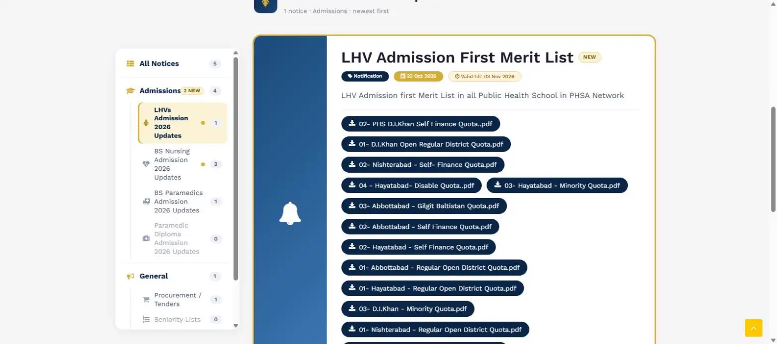 PHSA LHV merit list PDF buttons for Hayatabad, Nishterabad, Abbottabad and D.I. Khan quotas