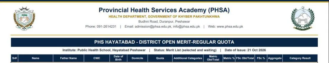 PHSA LHV merit list PDF first page header: Public Health School Hayatabad district open quota, issue date 21 Oct 2026, columns and result
