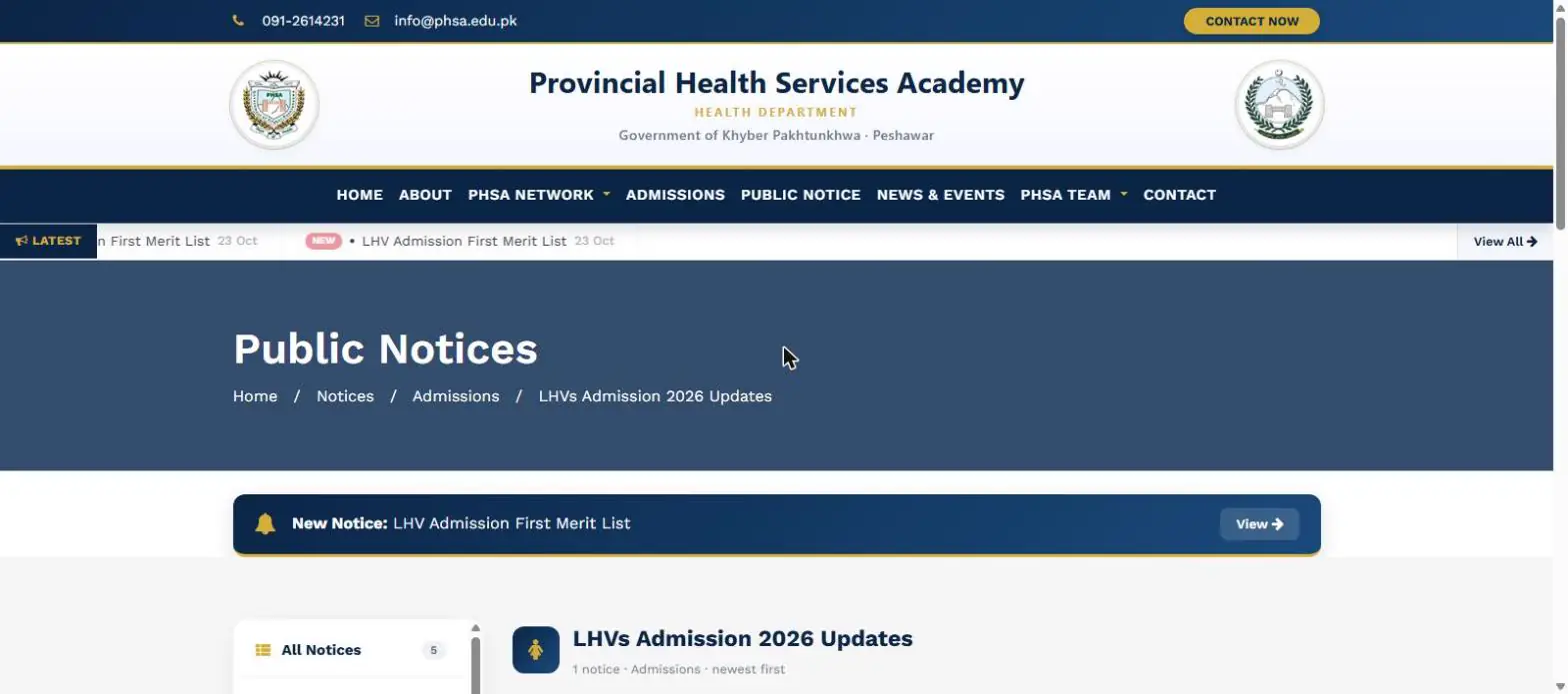 PHSA Khyber Pakhtunkhwa LHV Admission First Merit List notice page on phsa.edu.pk 23 October 2026