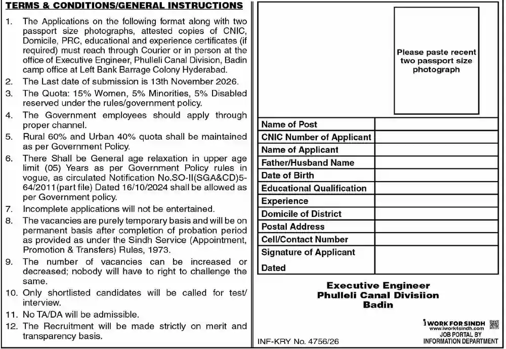 Phulleli Canal Division Badin application format and terms and conditions Dawn 28 October 2026