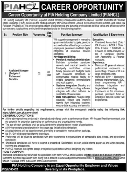 PIA Holding Company Assistant Manager jobs 2026
