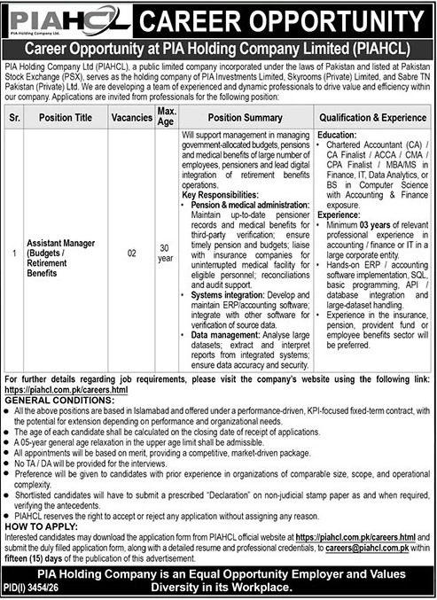 PIA Holding Company Assistant Manager jobs 2026