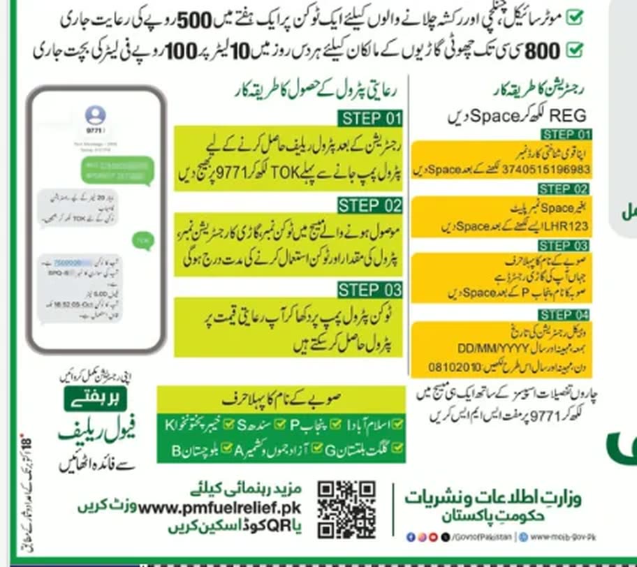 PM Fuel Relief Scheme advertisement: 9771 SMS registration steps (REG, CNIC, number plate, province code, date), TOK token steps and province codes, Daily Jang 18 October 2026