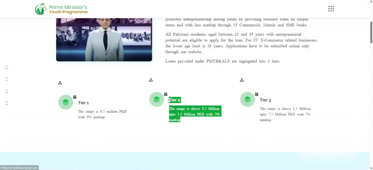 PM Youth Loan Scheme 2026 official portal pmybals.pmyp.gov.pk with loan tiers