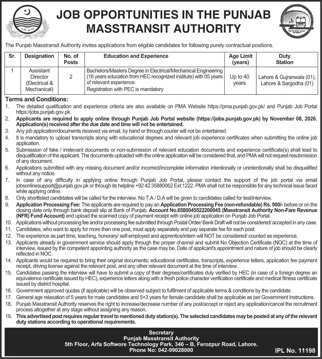 Punjab Masstransit Authority job advertisement for Assistant Director Electrical and Mechanical, Business Recorder 22 October 2026