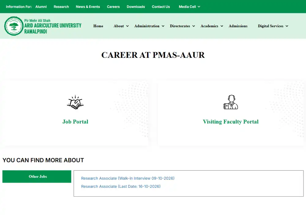 PMAS-AAUR Career at PMAS-AAUR page Job Portal and Visiting Faculty Portal official website 25 October 2026