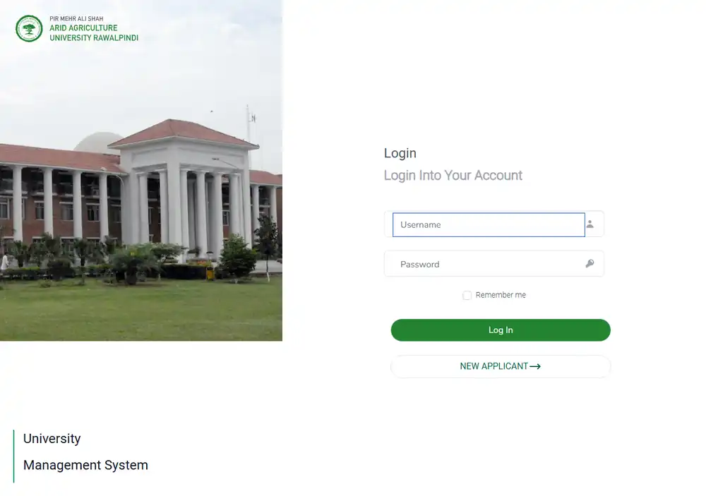 PMAS-AAUR University Management System job portal login page New Applicant button 25 October 2026