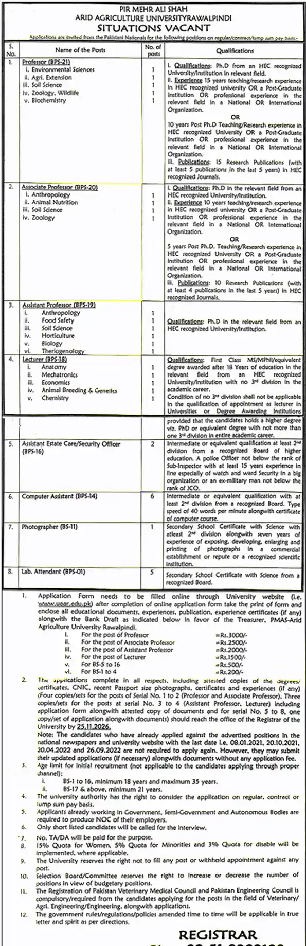 PMAS Arid Agriculture University Rawalpindi situations vacant Professor Associate Professor Assistant Professor Lecturer Lab Attendant ad Jang Lahore 25 October 2026