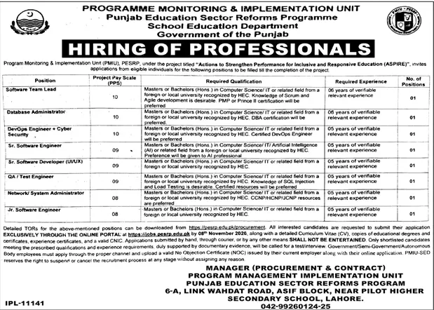 PMIU PESRP Hiring of Professionals advertisement under ASPIRE project, Jang Lahore 21 October 2026