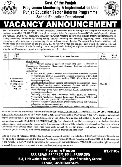 PMIU PESRP Lahore Procurement and Contracts Management Specialist PPS-10 job 2026