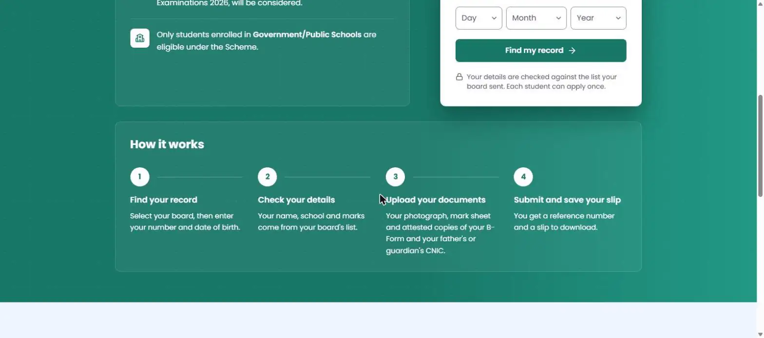 How it works 4 steps on the PM Youth Chromebook Scheme portal: find record, check details, upload documents, submit
